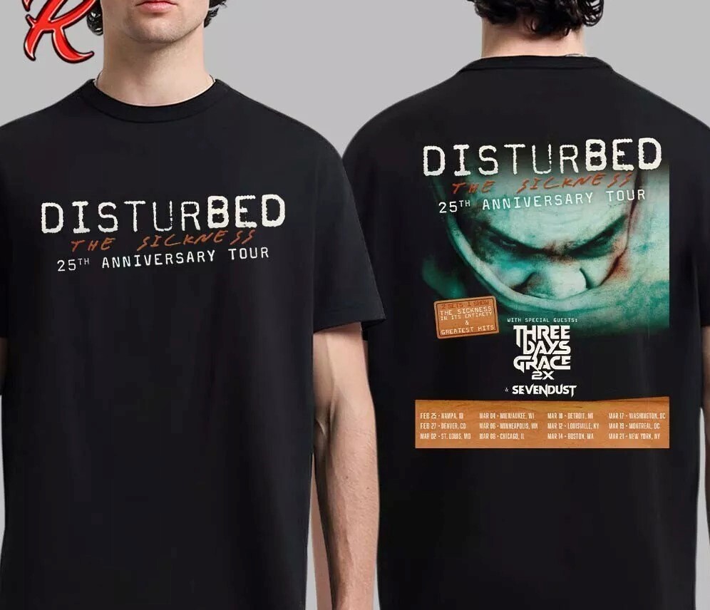 Disturbed The Sickness 25th Anniversary Tour 2025 T-Shirt Sizes S to 5X