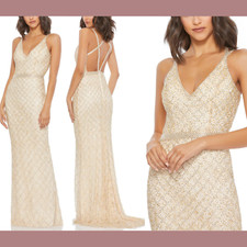 NWT $498 Mac Duggal [ 0 ] Lattice Pattern Beaded Gown In Nude Gold #G1523