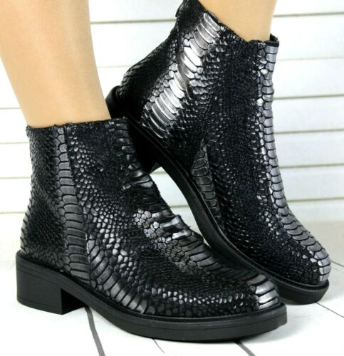Ladies Black Silver Textured Mock Croc Zip Biker Low Heel Ankle Boots Shoes UK 3 - Picture 1 of 6
