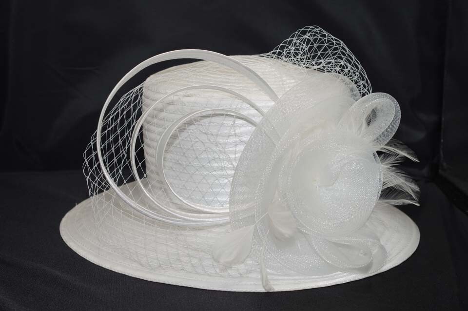 KENTUCKY DERBY HOMECOMING  COURT CHURCH LADY HAT WHITE SATIN RIBBON FLOWERS M509 ( White ) Kentucky Derby Hat, Church Hat, Wedding Hat  main image 3