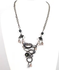 Western Boho Textured Silver Tone Gray Crystal Shell Glass Statement Necklace