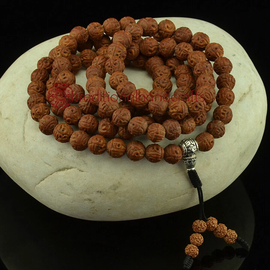 12 mm Om Mani Padme Hum Carved Bodhi Seed 108 Beads Mala