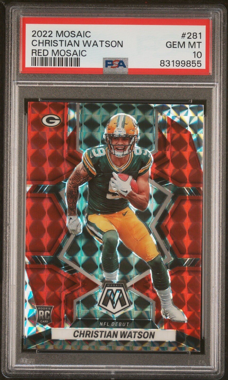 Christian Watson 2022 Panini Mosaic #327 Red Mosaic Rookie Debut PSA 10