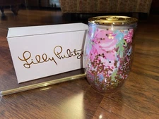Lilly Pulitzer PARADISE FOUND GLITTER TUMBLER Sparkly With Straw & Lid GWP NWT