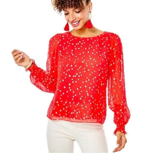 Lilly Pulitzer Ruby Red Gold Long Sleeves  100%  Silk Idina Blouse Medium