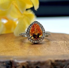 Pear Cut Citrine Gemstone Halo Set Engagement Ring 14k White Gold Plated