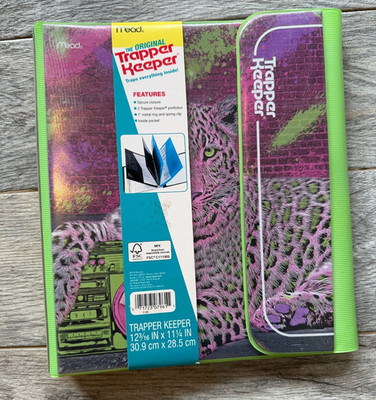 Trapper Keeper 1'' Metal Binder Organizer 2 Folders Mead NWT Leopard Radio School