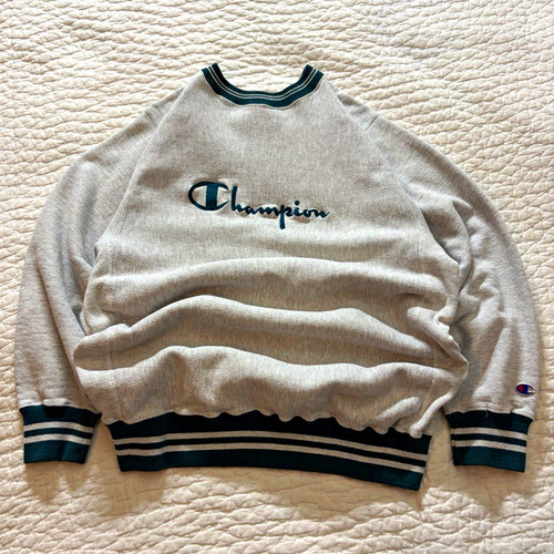 Champion Reverse Weave Men's Gray/Green Crewneck Pullover Sweatshirt XL