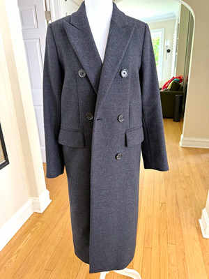 Massimo Dutti Women s Charcoal Wool Double-Breasted Long Overcoat Lined Size 4