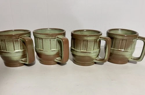 Set 4 VTG Frankoma 4" Pottery Barrel Coffee Tea Mug #94M Prairie Green 12oz MCM