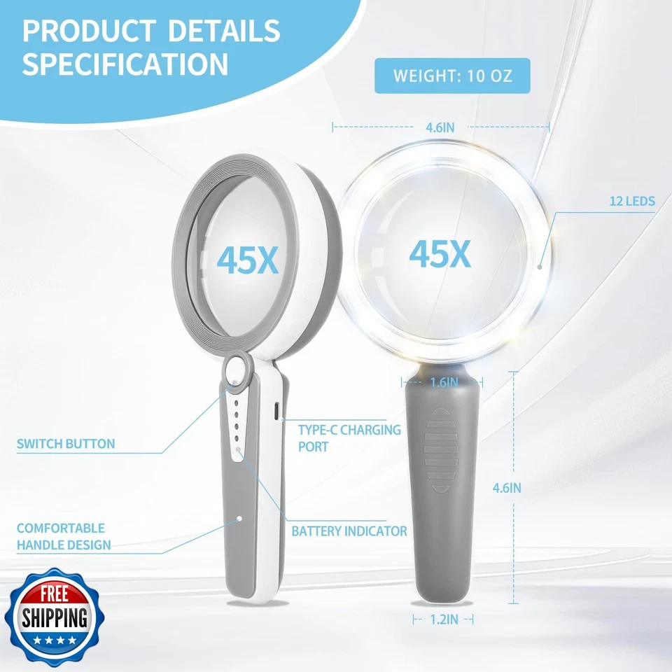 HUIBOER 45X Magnifying Glass with Light, 4.6" Large Handheld Magnifier, 6 Col - Image 2 of 4