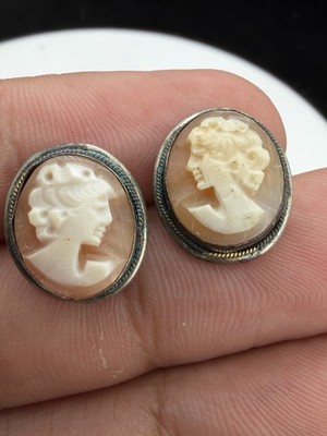 Vintage Sterling Silver Oval Shaped Cameo Face Stud Earrings
