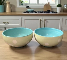 Gail Pittman Provence 6” Soup Cereal Bowl Blue Green White Polka Dot Set Of 2