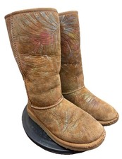 Kids UGG Australia Tall Boots Sparkle Leaf Print Brown Sheepskin Lined Size 4