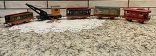 Vintage Marx Pre War Tin Train Cars Wrecker, Hopper, Freight,Caboose 5 Piece Lot