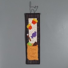 Handcrafted Quilted Appliqued Halloween Trick Or Treat Wall Hanging w/Cat Hanger