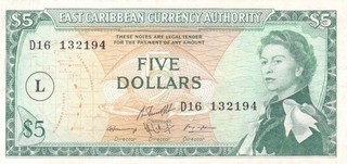 #East Caribbean Currency Authority St. Lucia 5 Dollars 1965 P 14 VF Qn. Eliz II