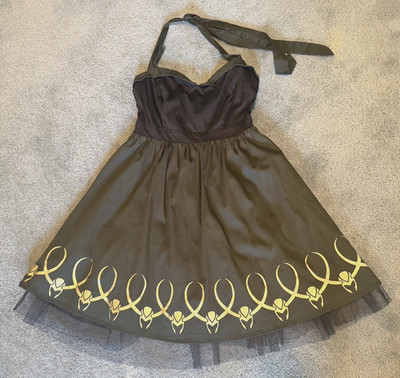 MARVEL Her Universe Black Green Gold LOKI Helmet Cosplay Halter Pinup Dress L VG