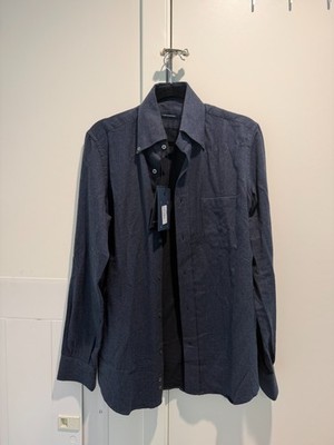 Thom Sweeney Navy Flannel Button Collar Shirt Mens 15 Slim Fit Italy NWT