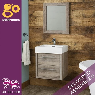 THE BATH PEOPLE Bare Oak 500 Vanity Unit Bathroom Sink Unit Wall Hung 2 Drawer & Resin Basin