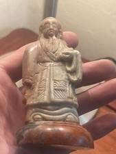 Statuette Chine XXème Pierre Sculptée Socle Marbre Rouge Veiné