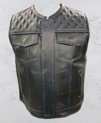 Motorcycle Mens Biker Club Blue Thread Leather Vest Coat Jacket. Size - XXS-4XL
