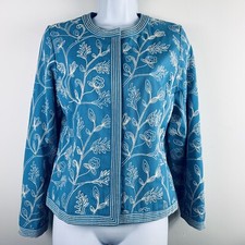 Charter Club Petite Blue Floral Jacket sz PS Zip Front Embroidered Lightweight