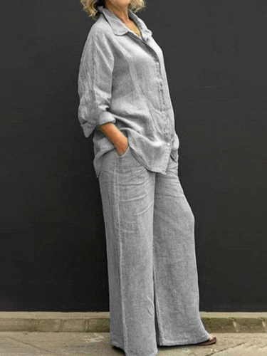 Casual Cotton Linen Two Pieces Set Women Long Sleeve Shirt Trousers Set Suits - Picture 3 of 25
