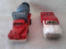2 Vintage Japan Tin Litho Friction Trucks Cement Mixer Cargo Carrier Flat Bed