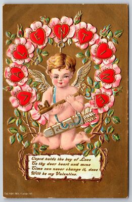 Valentine~Cupid Holds Key Of Love~Pink Heart Flowers~Gold Back~Emb~P Sander~1908