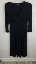 Chaps Womens Black Faux Wrap Dress Ruched Waist Jersey Elegant Medium
