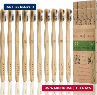 10 Count Bamboo Toothbrush (Soft+Medium) Charcoal Toothbrushes, Natural Wood Too
