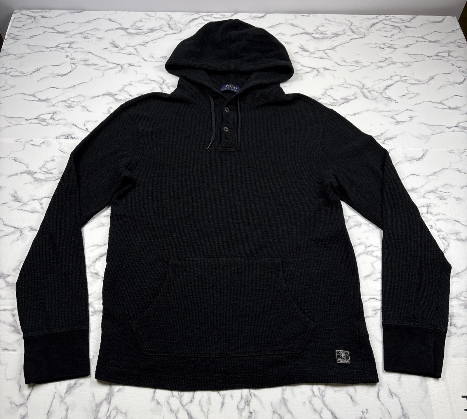 Vintage Polo Ralph Lauren Men's Black Waffle Knit Pullover Hoodie Size Medium