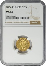 1834 $2 1/2 Gold Classic Head $2.5 MS62 NGC 950591-3