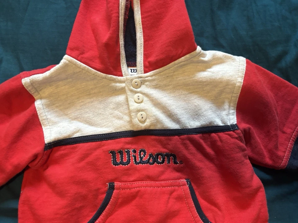 Винтажная толстовка с капюшоном Wilson детский размер 12 месяцев цветной блок красный серый синий - Изображение 2 из 4