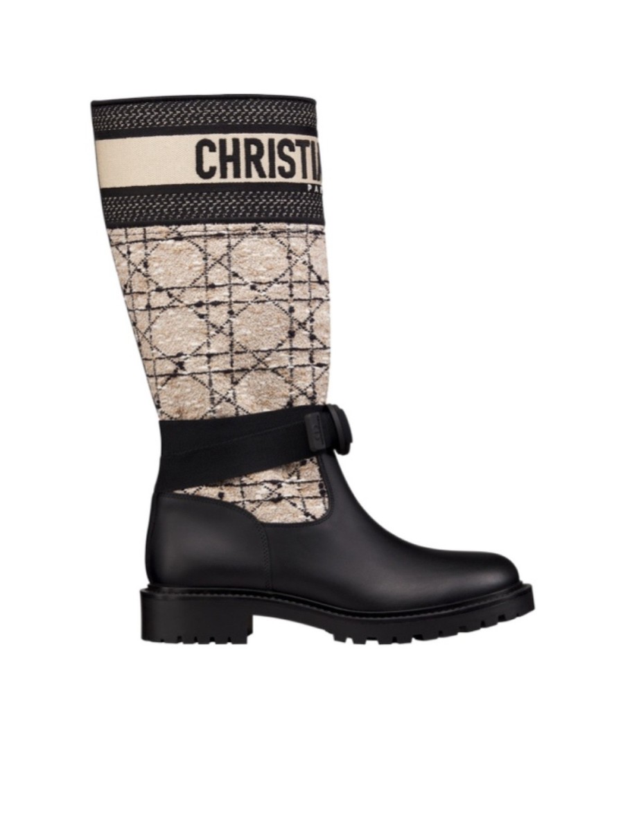 Christian Dior D-Major Beige Calfskin Cannage Tweed Boots Women's