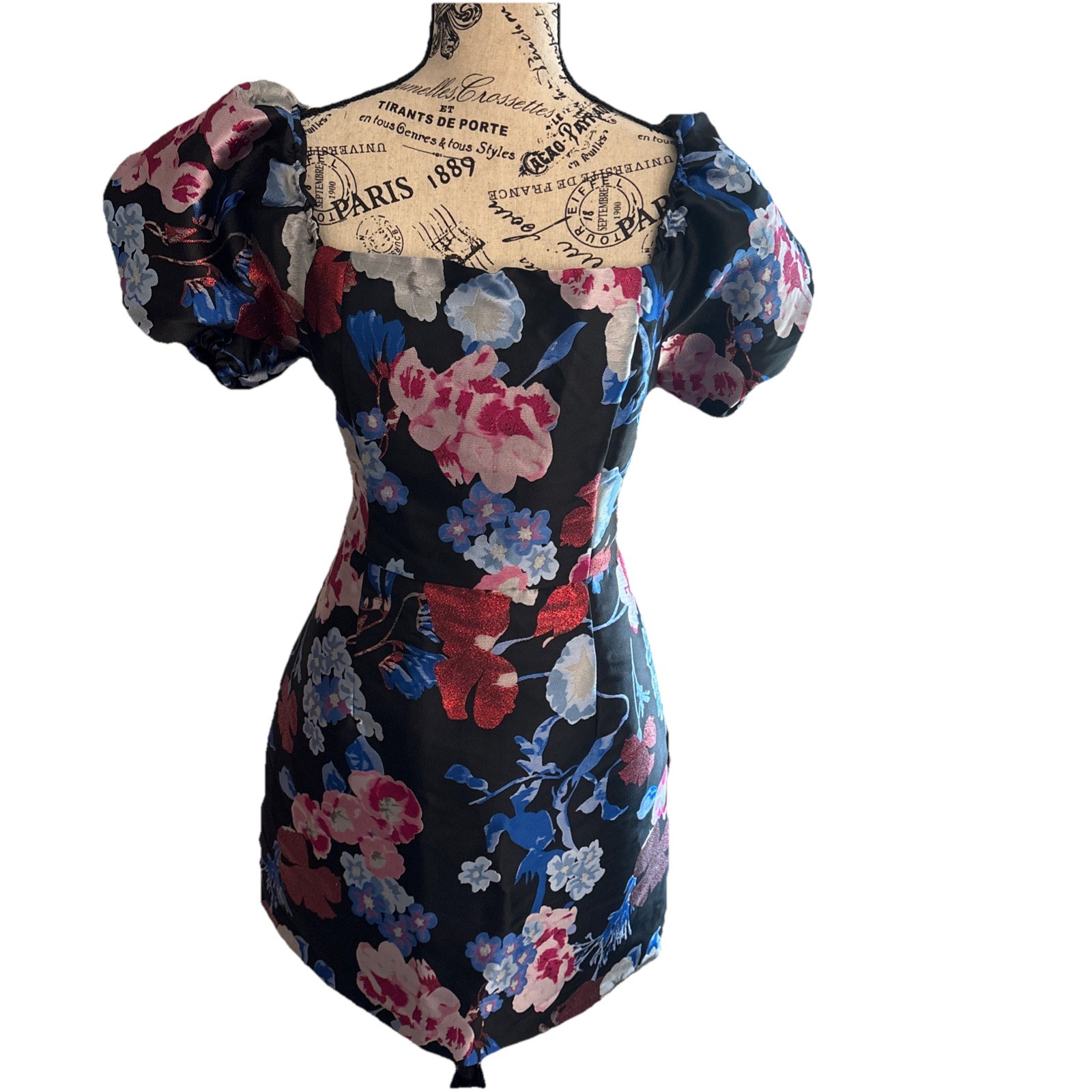Lulu’s Large Black Floral Metallic Tapestry Puff Sleeve Dress New Bridal Formal