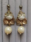 Vintage Gold Tone Faux Pearl & Leaves Large Earrings Retro Costume Jewelry
