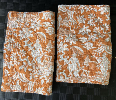 POTTERY BARN Tea Garden Toile Std Shams (2)~Orange/White~Linen/Cotton~Tie Backs