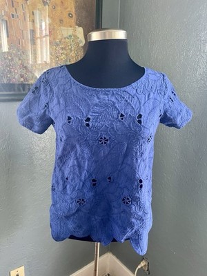 August Silk Blue Embroidered Eyelet Short Sleeve Top Size Medium Women s
