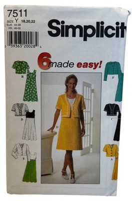 Simplicity Sewing Pattern 7511 Misses Dress Jacket Work Career Easy 18 20 22 UC