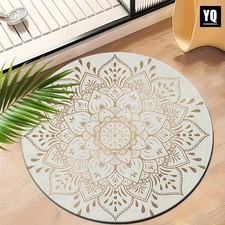 Bohemian Round Mat - Beige Golden Mandala Mat, Non-Slip Backing, Machine Washa
