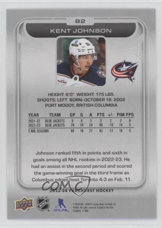 2023-24 Upper Deck Parkhurst Gold Foil Kent Johnson #82 - Image 2 of 2
