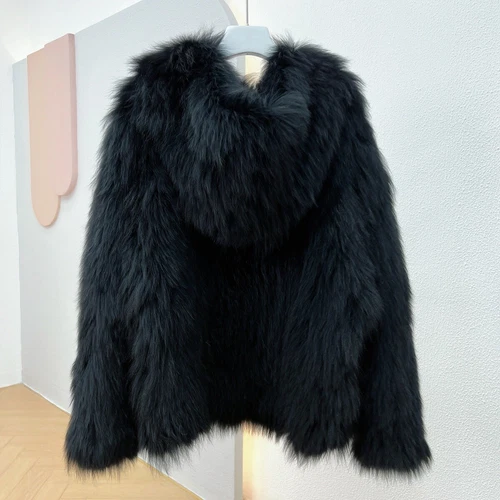 Women Real Fox Fur Knitted Coat Hooded Bat Sleeve Baggy Jacket Warm Outwear Tops - Picture 39 of 43