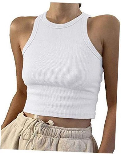 Damen lässig Basic ärmellos Rippenstrick Y2k kurzes Tankoberteil mittelweiß