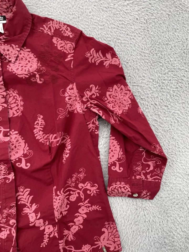 Columbia Abotonable Para Mujer Pequeño Rojo Floral Manga 3/4 Flores Informal Damas Foto 4 de 4