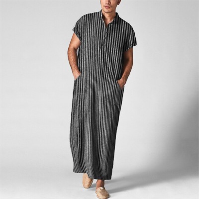 Fashion Men's Muslim Short Sleeve Striped Thobe Saudi Arab Islamic