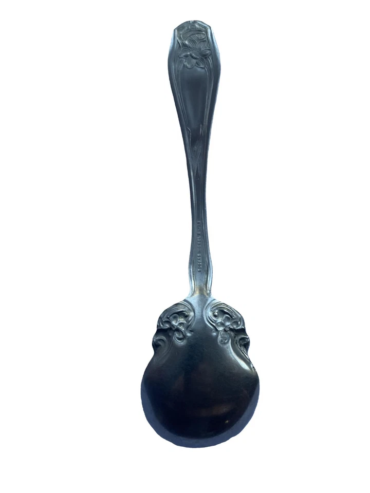 Cuchara para servir vintage Rogers níquel plata, diseño de lirio, finales de 1846, EE. UU. Foto 2 de 2