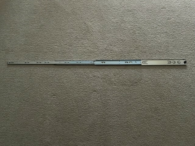 Hettich drawer slide, full extension 28 in, medium duty, 100 lb. capacity. Zink.