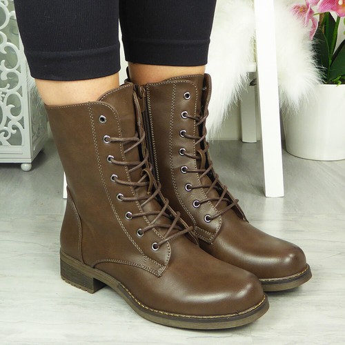 Girls Ankle Boots Shoes Ladies Biker Zip Lace Up Army Combat Winter Womens Size - Picture 23 of 30